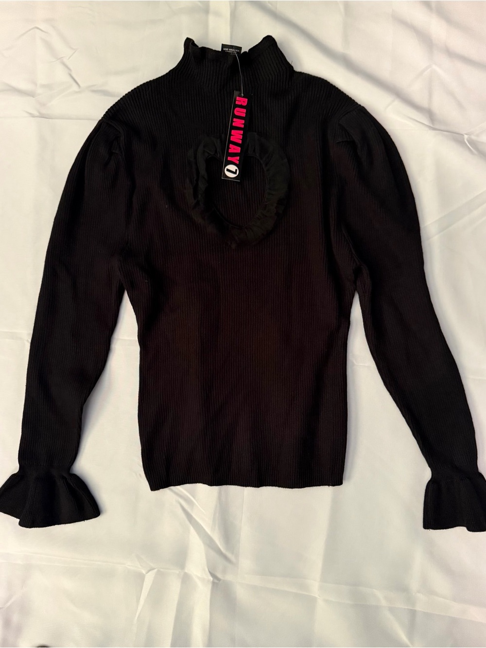 Black Ribbed Mock Neck Top with Ruffle Cuffs